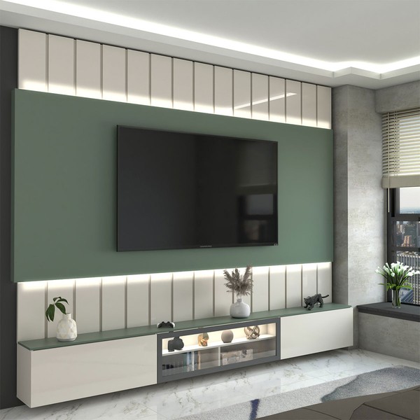 Painel para TV 85 Polegadas Imperator 3 Portas 100% Mdf com Led Off White/Verde - Panorama Móveis