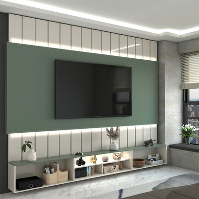 Painel para TV 85 Polegadas Imperator 3 Portas 100% Mdf com Led Off White/Verde - Panorama Móveis