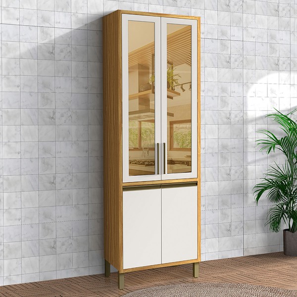 Paneleiro Tempranillo 4 Portas com Vidro Reflecta 100% Mdf Amêndoa/Off White - Rio Doce