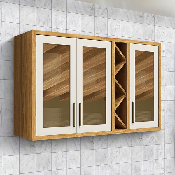 Armário Aéreo de Cozinha 120 Cm Tempranillo 3 Portas com Vidro Reflecta 100% Mdf Amêndoa/Off White - Rio Doce