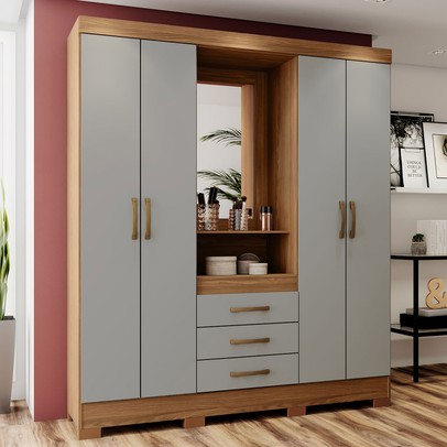 Guarda-Roupa Casal Catedral 4 Portas 3 Gavetas Nature/Cinza - Bci Móveis