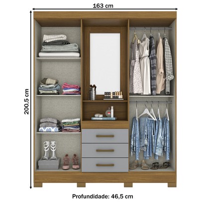 Guarda-Roupa Casal Catedral 4 Portas 3 Gavetas Nature/Cinza - Bci Móveis