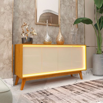 Balcão Buffet Requinte 4 Portas 100% Mdf com Led Naturale/Off White - Gelius