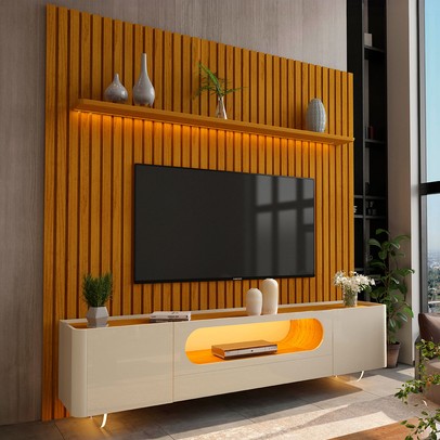 Rack com Painel para TV Até 85 Polegadas Nobre 2 Portas Ripado 100% Mdf com Vidro Naturale/Off White - Gelius