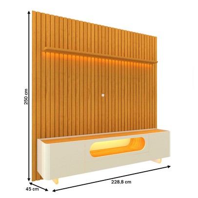 Rack com Painel para TV Até 85 Polegadas Nobre 2 Portas Ripado 100% Mdf com Vidro Naturale/Off White - Gelius