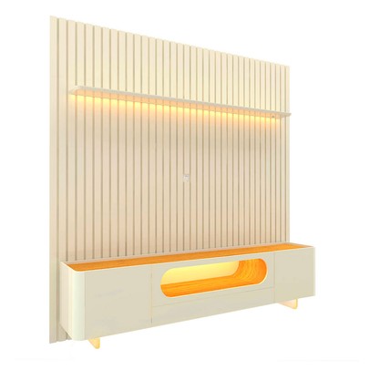 Rack com Painel para TV Até 85 Polegadas Nobre 2 Portas Ripado 100% Mdf com Vidro Off White/Naturale - Gelius