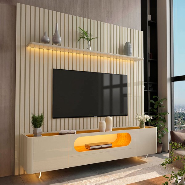 Rack com Painel para TV Até 85 Polegadas Nobre 2 Portas Ripado 100% Mdf com Vidro Off White/Naturale - Gelius