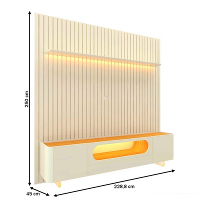 Rack com Painel para TV Até 85 Polegadas Nobre 2 Portas Ripado 100% Mdf com Vidro Off White/Naturale - Gelius