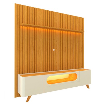 Rack com Painel para TV Até 85 Polegadas Nobre 2 Portas Ripado 100% Mdf com Led Naturale/Off White - Gelius