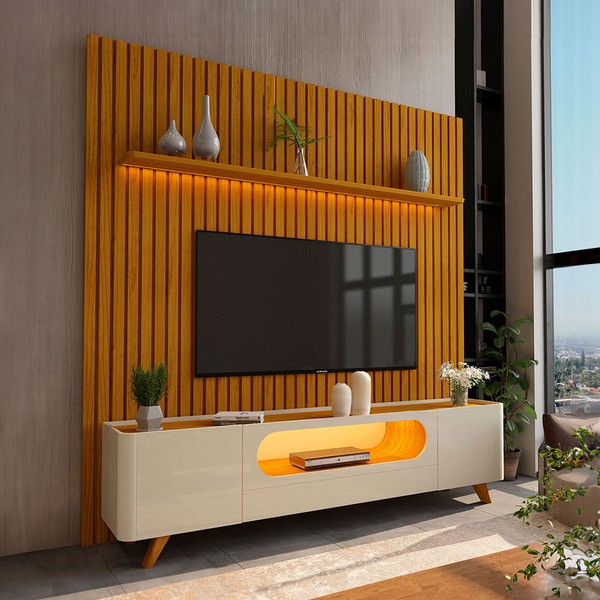 Rack com Painel para TV Até 85 Polegadas Nobre 2 Portas Ripado 100% Mdf com Led Naturale/Off White - Gelius