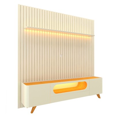 Rack com Painel para TV Até 85 Polegadas Nobre 2 Portas Ripado 100% Mdf com Led Off White/Naturale - Gelius
