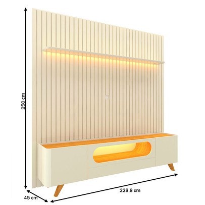 Rack com Painel para TV Até 85 Polegadas Nobre 2 Portas Ripado 100% Mdf com Led Off White/Naturale - Gelius