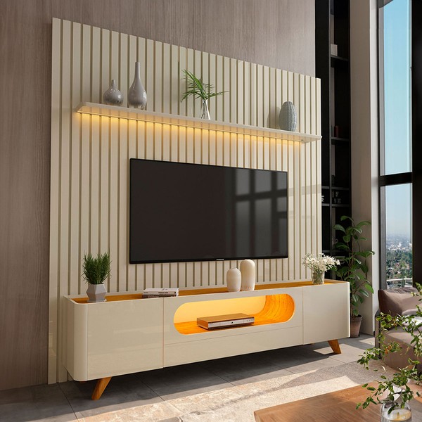 Rack com Painel para TV Até 85 Polegadas Nobre 2 Portas Ripado 100% Mdf com Led Off White/Naturale - Gelius