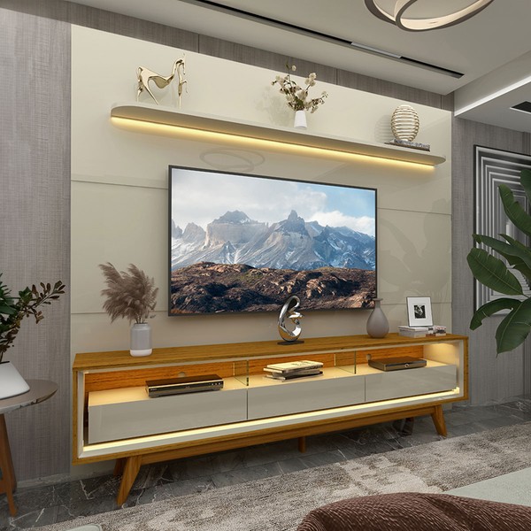 Rack com Painel para TV Até 85 Polegadas Royal Requinte 100% Mdf com Led Off White/Naturale - Gelius
