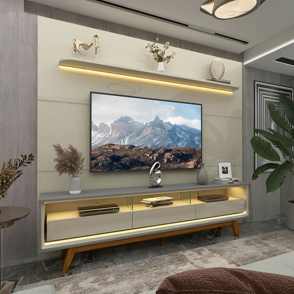 Rack com Painel para TV Até 85 Polegadas Royal Requinte 100% Mdf com Led Off White/Cinza - Gelius