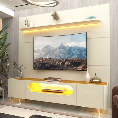 Rack com Painel para TV Até 85 Polegadas Royal Nobre 2 Portas com Vidro 100% Mdf Off White/Naturale - Gelius