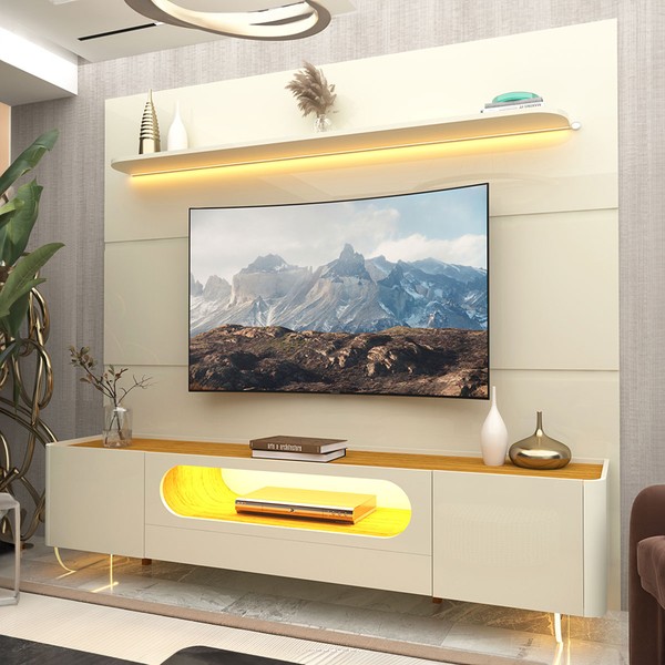 Rack com Painel para TV Até 85 Polegadas Royal Nobre 2 Portas com Vidro 100% Mdf Off White/Naturale - Gelius