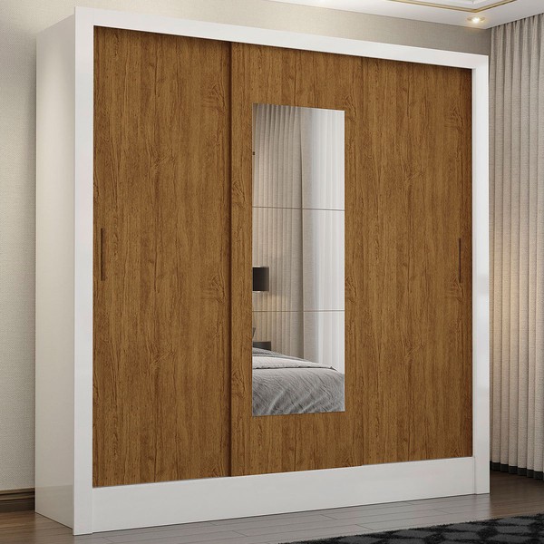 Guarda-Roupa Santiago 3 Portas 3 Gavetas com Espelho Branco/Cinamomo - Carioca Móveis
