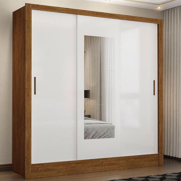 Guarda-Roupa Santiago 3 Portas 3 Gavetas com Espelho Cinamomo/Branco - Carioca Móveis