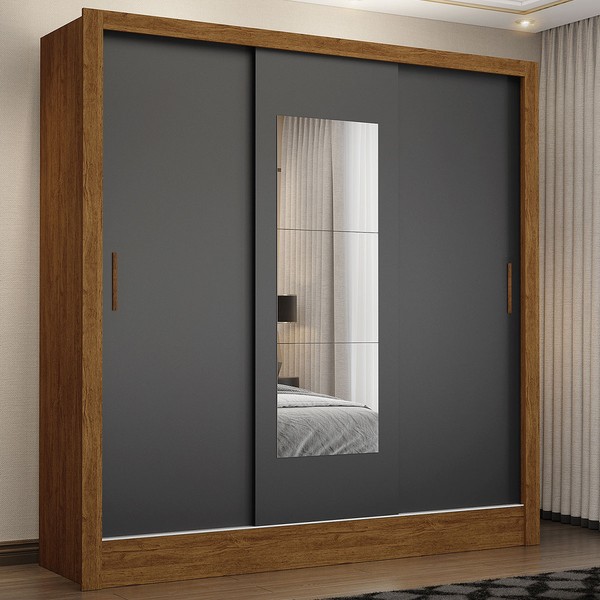 Guarda-Roupa Santiago 3 Portas 3 Gavetas com Espelho Cinamomo/Preto - Carioca Móveis