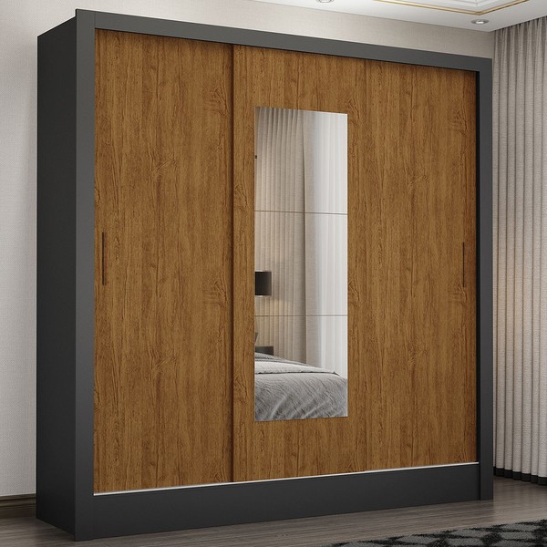 Guarda-Roupa Santiago 3 Portas 3 Gavetas com Espelho Preto/Cinamomo - Carioca Móveis