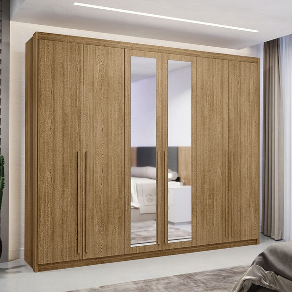 Guarda-Roupa Casal Alfa Magestic 6 Portas 6 Gavetas 100% Mdf com Espelho Nature - Pnr Móveis