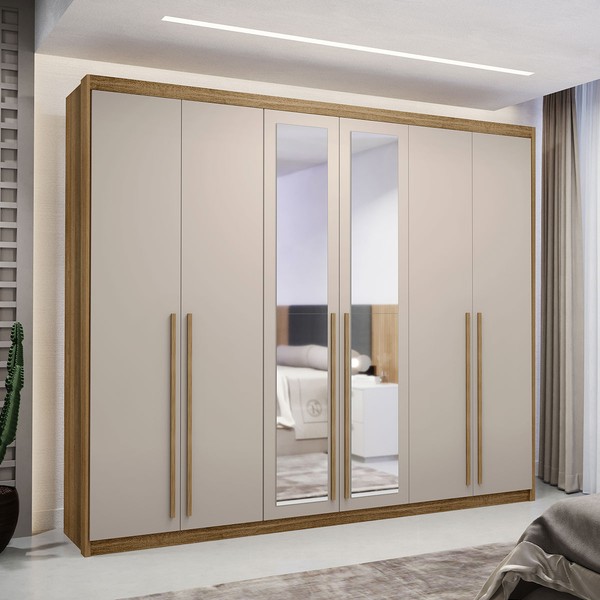 Guarda-Roupa Casal Alfa Magestic 6 Portas 6 Gavetas 100% Mdf com Espelho Nature/Fendi - Pnr Móveis