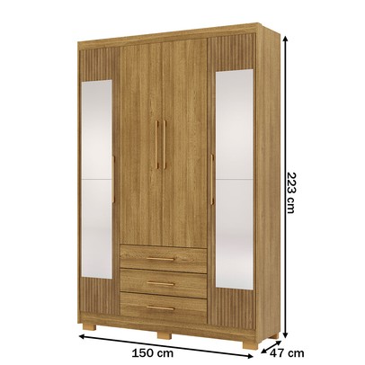 Guarda-Roupa Solteiro Reus 4 Portas 3 Gavetas com Espelho Nature/Brisa - Pnr Móveis