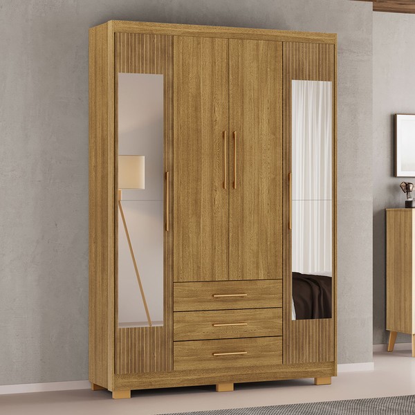 Guarda-Roupa Solteiro Reus 4 Portas 3 Gavetas com Espelho Nature/Brisa - Pnr Móveis