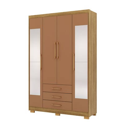 Guarda-Roupa Solteiro Reus 4 Portas 3 Gavetas com Espelho Nature/Camarim - Pnr Móveis