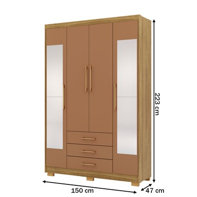 Guarda-Roupa Solteiro Reus 4 Portas 3 Gavetas com Espelho Nature/Camarim - Pnr Móveis