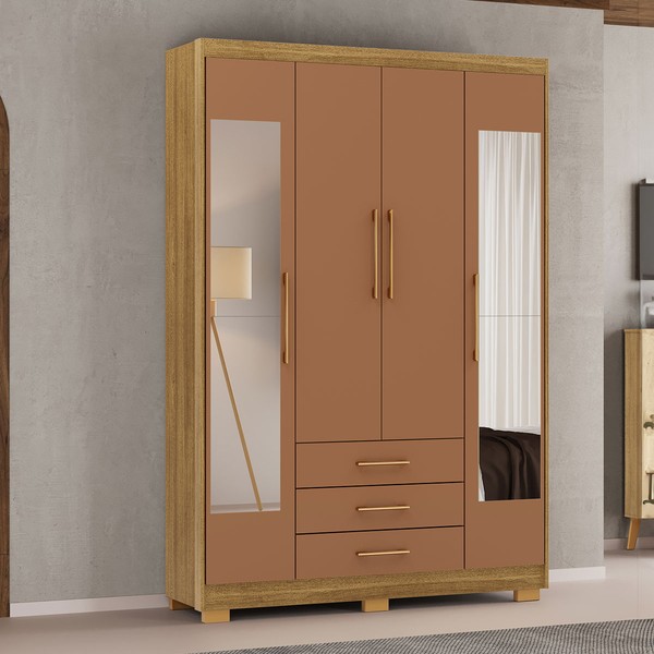 Guarda-Roupa Solteiro Reus 4 Portas 3 Gavetas com Espelho Nature/Camarim - Pnr Móveis