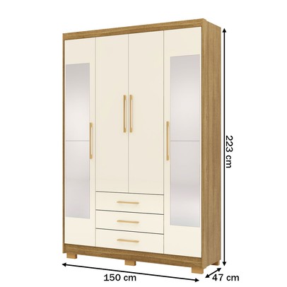 Guarda-Roupa Solteiro Reus 4 Portas 3 Gavetas com Espelho Nature/Champanhe - Pnr Móveis