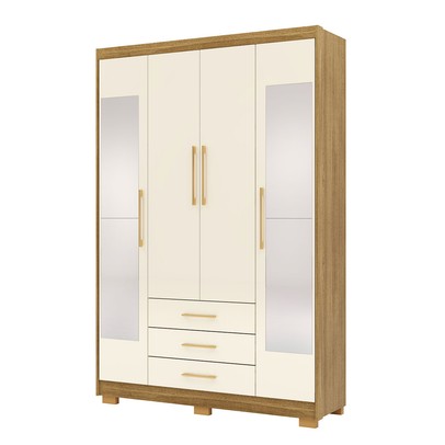 Guarda-Roupa Solteiro Reus 4 Portas 3 Gavetas com Espelho Nature/Champanhe - Pnr Móveis