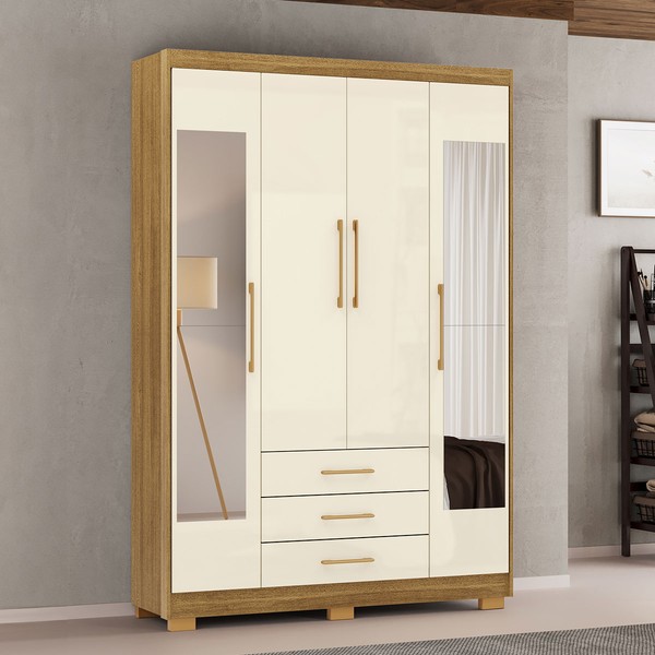 Guarda-Roupa Solteiro Reus 4 Portas 3 Gavetas com Espelho Nature/Champanhe - Pnr Móveis