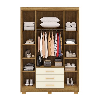 Guarda-Roupa Solteiro Reus 4 Portas 3 Gavetas com Espelho Nature/Champanhe - Pnr Móveis