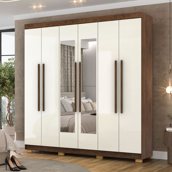 Guarda-Roupa Casal Bahamas 6 Portas 2 Gavetas com Espelho Imbuia/Champanhe - Pnr Móveis