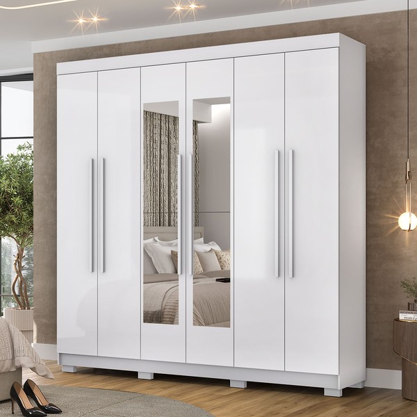 Guarda-Roupa Casal Bahamas 6 Portas 2 Gavetas com Espelho Branco - Pnr Móveis