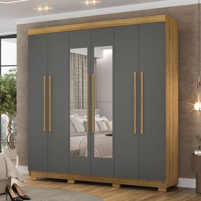 Guarda-Roupa Casal Bahamas 6 Portas 2 Gavetas com Espelho Nature/Alasca - Pnr Móveis