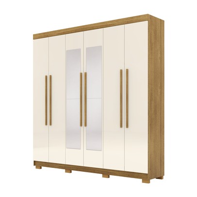 Guarda-Roupa Casal Bahamas 6 Portas 2 Gavetas com Espelho Nature/Champanhe - Pnr Móveis