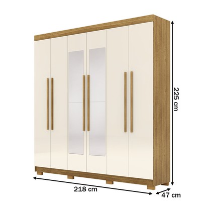 Guarda-Roupa Casal Bahamas 6 Portas 2 Gavetas com Espelho Nature/Champanhe - Pnr Móveis