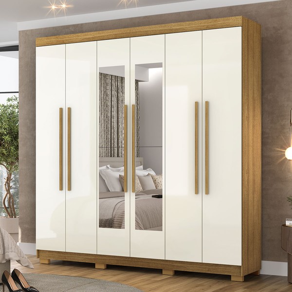 Guarda-Roupa Casal Bahamas 6 Portas 2 Gavetas com Espelho Nature/Champanhe - Pnr Móveis