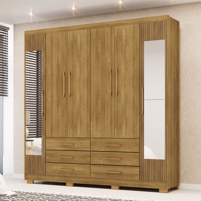 Guarda-Roupa Casal Democrata 6 Portas 6 Gavetas com Espelho 100% Mdf Nature/Brisa - Pnr Móveis
