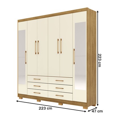 Guarda-Roupa Casal Democrata 6 Portas 6 Gavetas com Espelho 100% Mdf Nature/Champanhe - Pnr Móveis