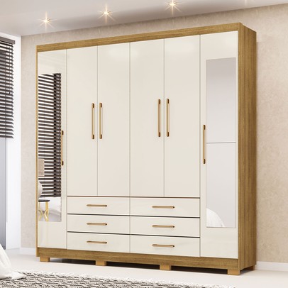 Guarda-Roupa Casal Democrata 6 Portas 6 Gavetas com Espelho 100% Mdf Nature/Champanhe - Pnr Móveis