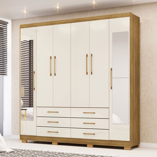Guarda-Roupa Casal Democrata 6 Portas 6 Gavetas com Espelho 100% Mdf Nature/Champanhe - Pnr Móveis