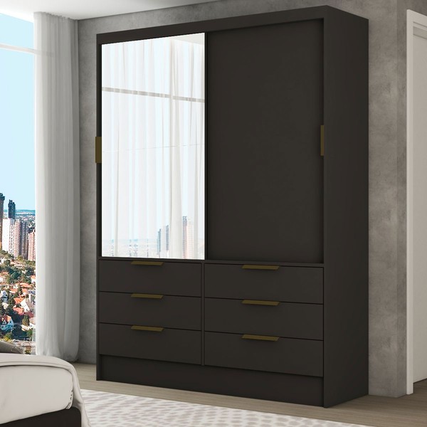 Guarda-Roupa Solteiro Taylor 2 Portas de Correr 6 Gavetas com Espelho Preto - Panorama Móveis