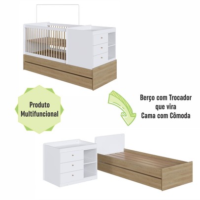 Berço Bebê Multifuncional 3 Gavetas com Cama Auxiliar Aveiro Oak/Branco - Completa Móveis