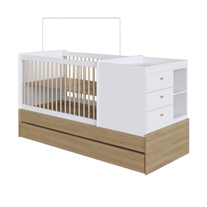 Berço Bebê Multifuncional 3 Gavetas com Cama Auxiliar Aveiro Oak/Branco - Completa Móveis