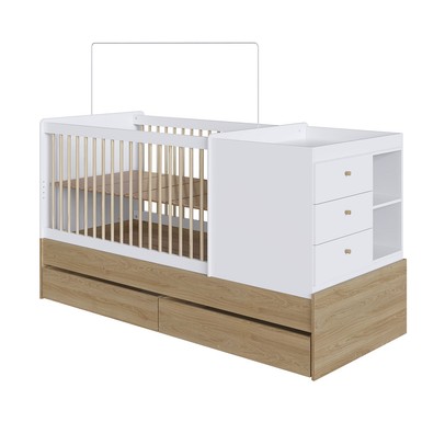 Berço Cama Bebê Multifuncional 3 Gavetas Aveiro Oak/Branco - Completa Móveis